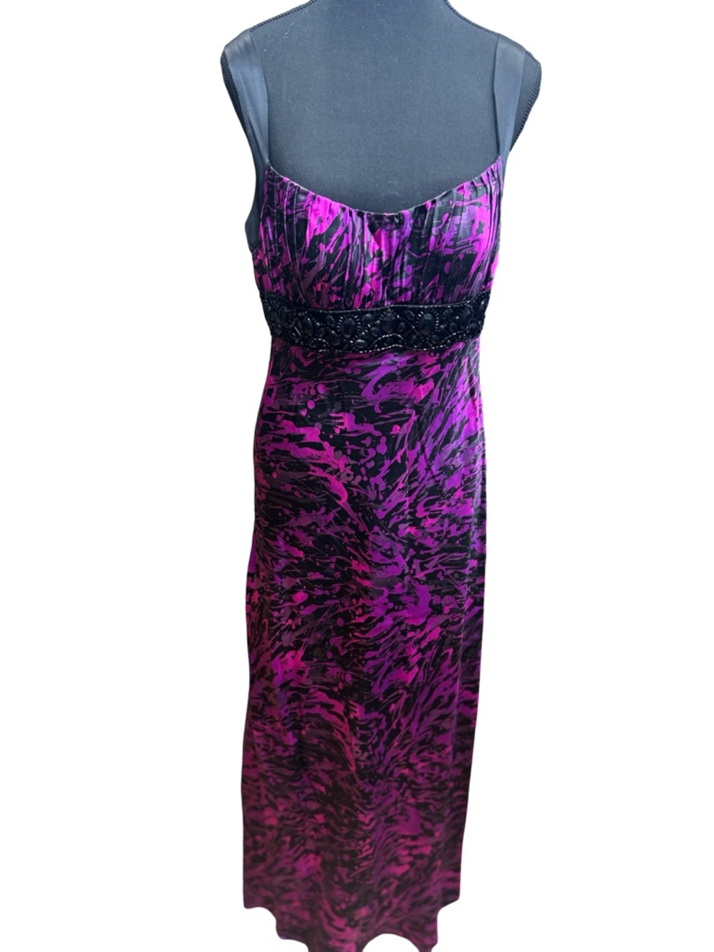 House of Dereon Purple Black Beaded Waist Maxi Dress Womens 12 Evening Gown